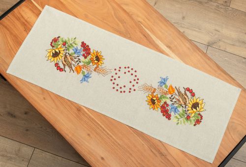 Duftin - Autumn Floral Cross Stitch DIY Table Runner Kit, with floss, 40 x 100 cm  (pre-printed cross stitch) 