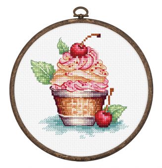 CROSS STITCH KIT WITH HOOP INCLUDED "CHERRY ICE CREAM" 