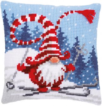 Vervaco Cross stitch Cushion -  CROSS STITCH CUSHION KIT CHRISTMAS GNOME SKIING 